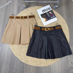 真皮绵羊皮百褶短裙女复古腰带高腰显瘦A字半身裙jk学院纯皮皮裙