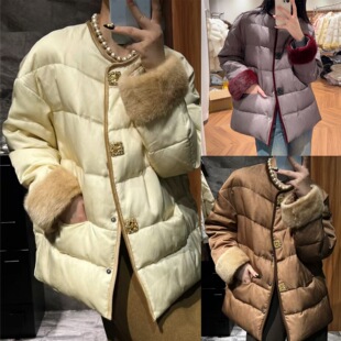 钻扣新中式可脱卸水貂毛皮草鹅绒服女2025新款圆领羽绒服外套