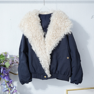 2025冬季真毛领羽绒服女士鹅绒外套美式休闲面包服宽松飞行员夹克
