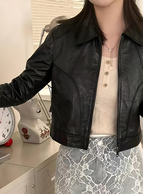 韩版100%真皮绵羊皮衣外套女短款2026春新款高级感修身显瘦皮夹克