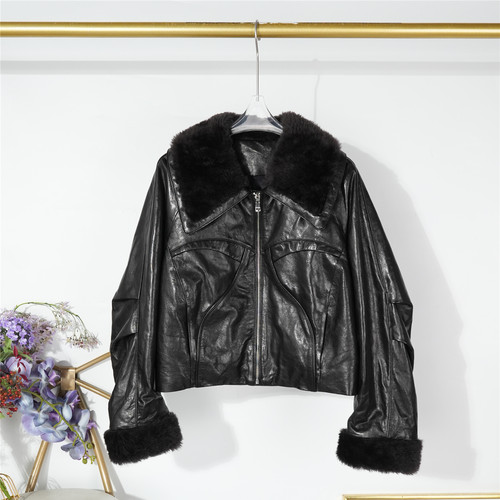 皮毛一体大翻领冷翠油蜡绵羊皮白鹅绒真皮羽绒服外套女高级2025冬