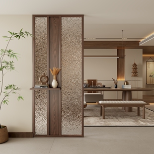 新中式实木水纹玻璃屏风隔断客厅餐厅入户玄关穿堂风遮挡简约现代