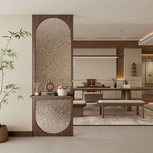 法式中古风实木水纹玻璃屏风隔断客厅饭厅入户玄关可置物简约现代