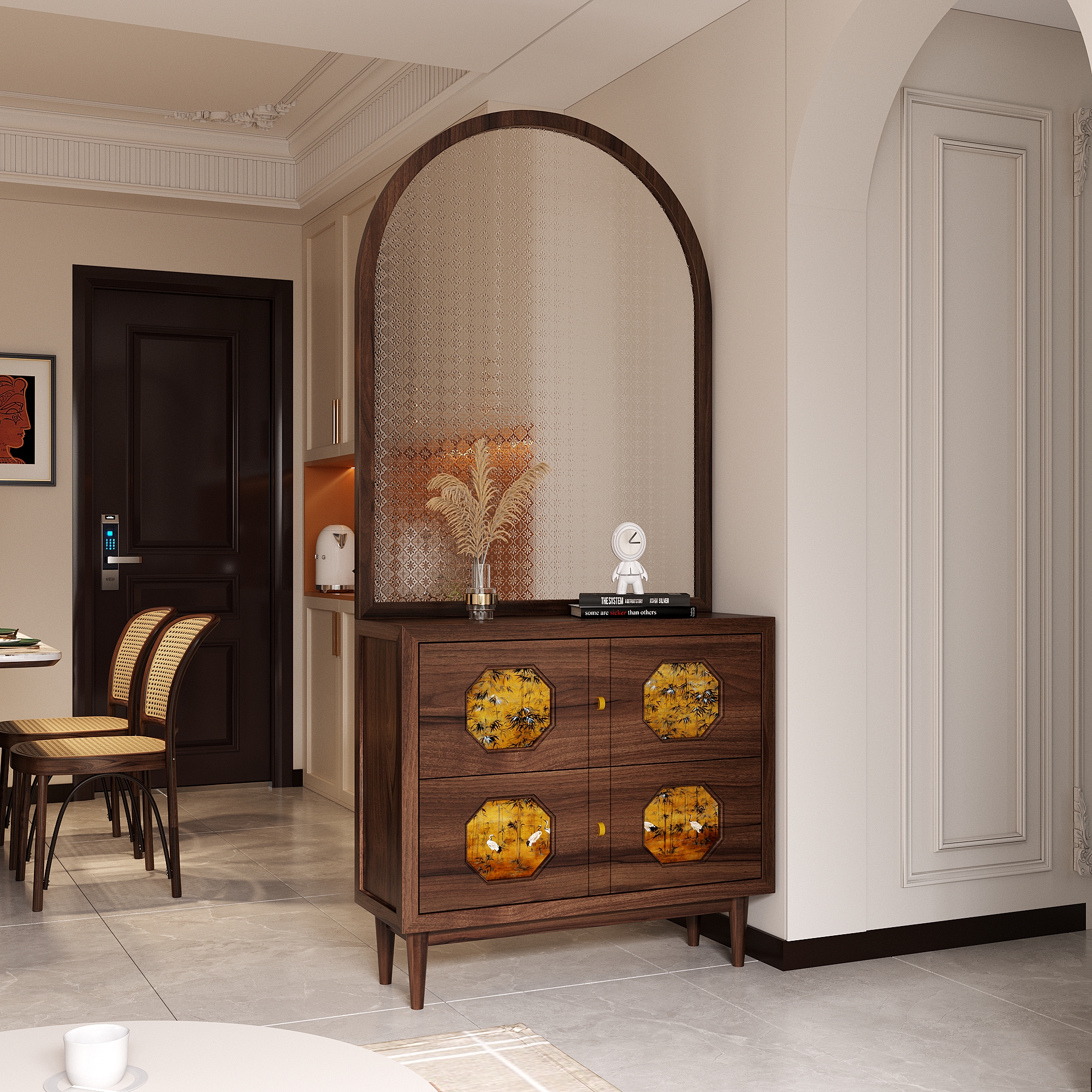 实木屏风法式中古美式玻璃隔断玄关入户客厅鞋柜家用遮挡图案柜子