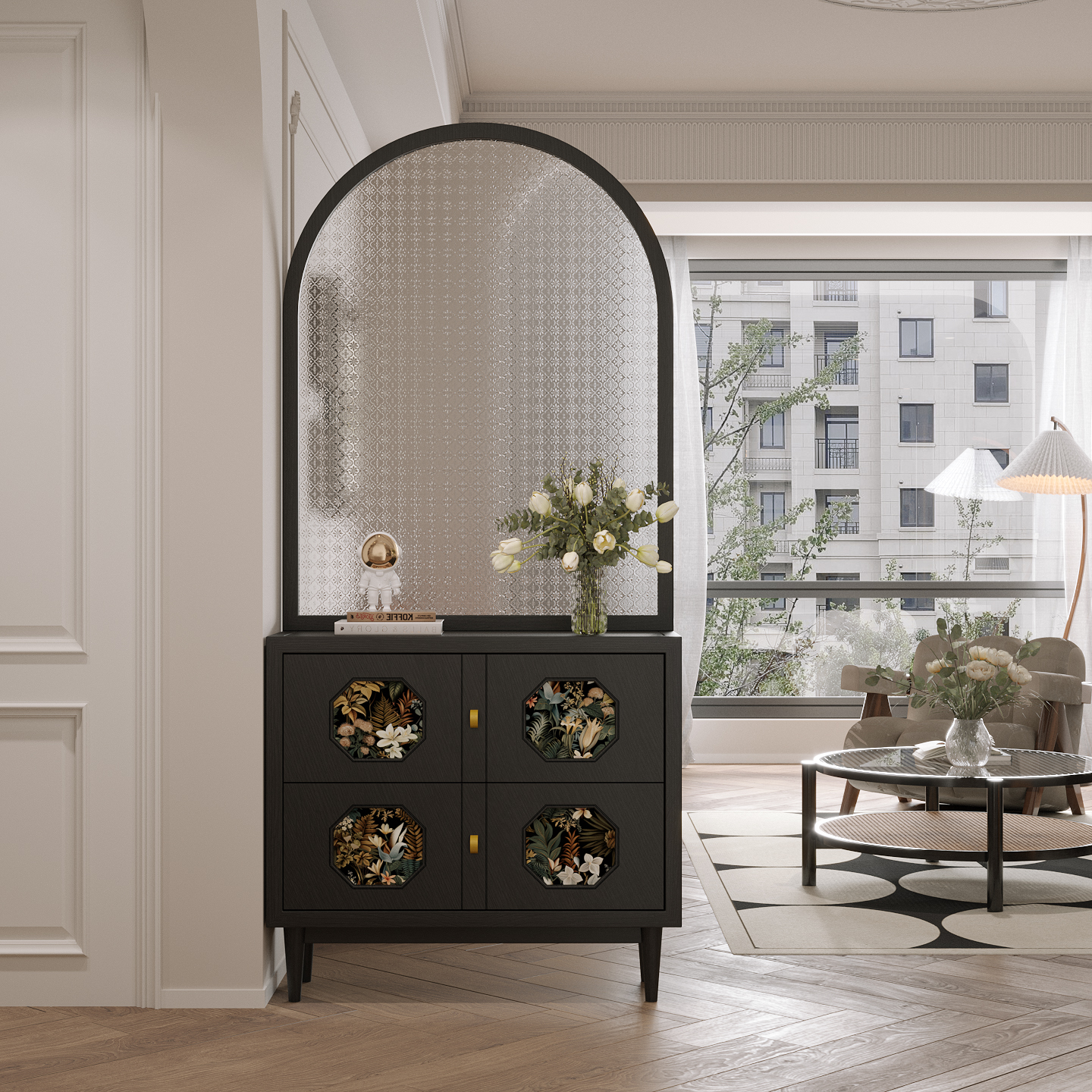 实木屏风玻璃隔断法式中古美式入户客厅鞋柜家用遮挡图案柜子玄关