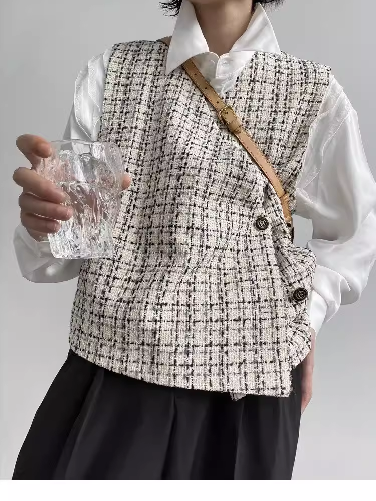 HOUNDSTOOTH 작은 향기로운 조끼 남자 틈새 셔츠 외부 작은 조끼 남자 패션 브랜드 하이 엔드 맞춤 조끼 여름