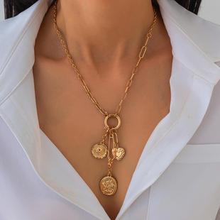 欧美跨境饰品新款多吊坠项链镶水钻几何体简约潮流个性时髦毛衣链