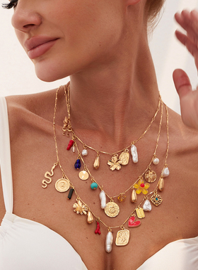 珍珠松石太阳小花骨头链项链套装