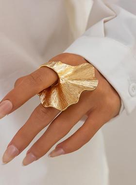 欧美跨境饰品轻奢风不规则立体合金戒指设计感褶皱宽面ring新品