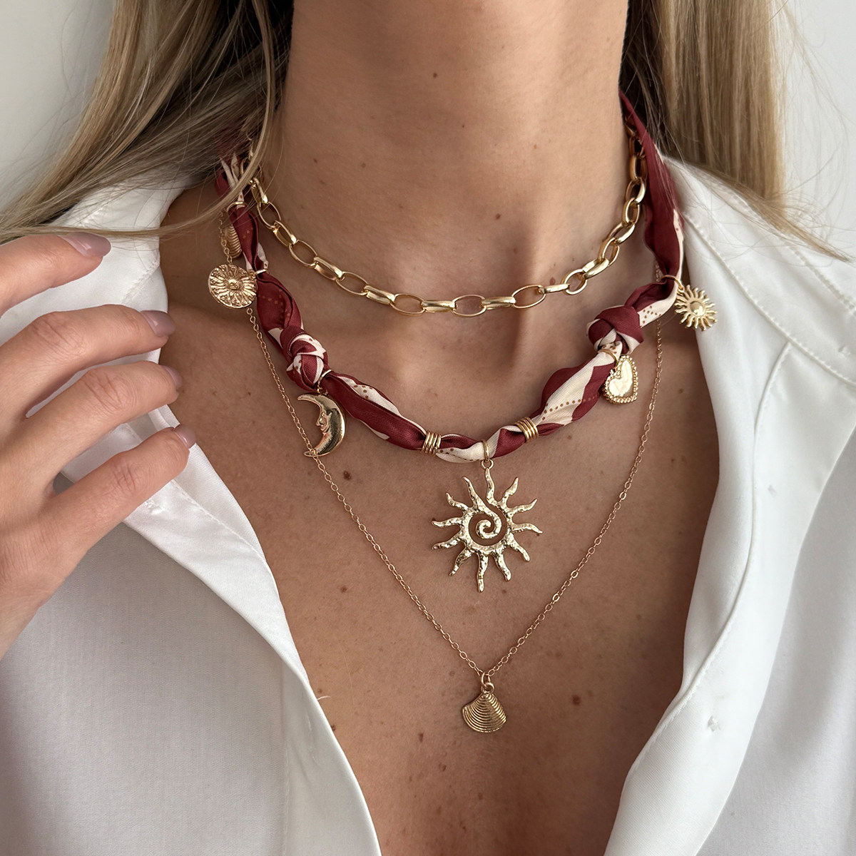 3件套丝巾铜包铁链项链套装 金属链条太阳造型朋克复古女士锁骨链,饰品/流行首饰/时尚饰品新,项链,淘宝优惠券,粉丝福利购,淘宝优惠卷