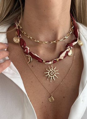 3件套朋克复古铜包铁链太阳项链