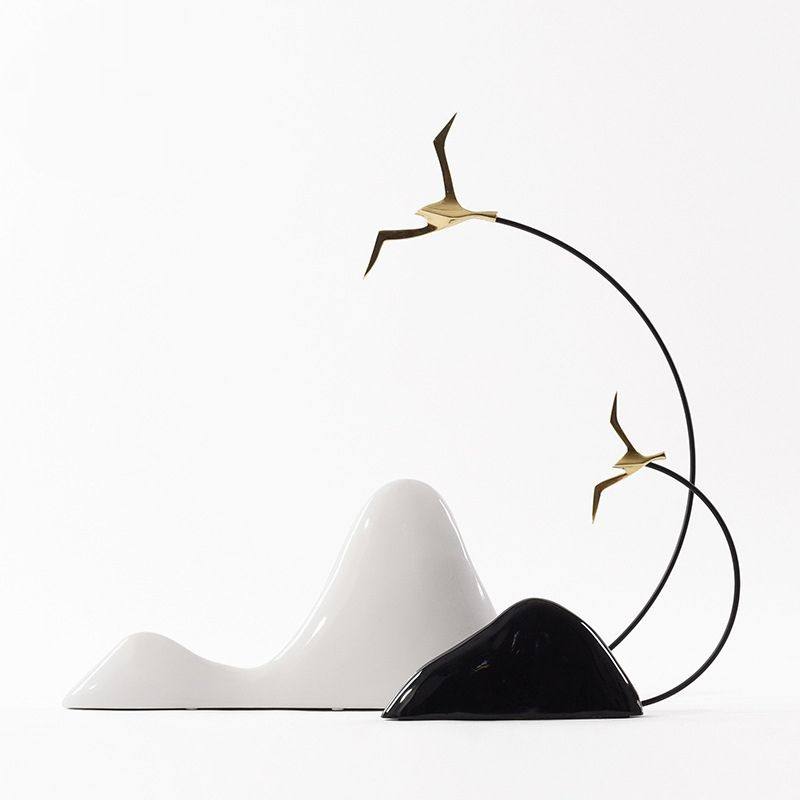 新中式陶瓷假山摆件酒店客厅售楼处玄关大雁假山禅意软装饰品摆件