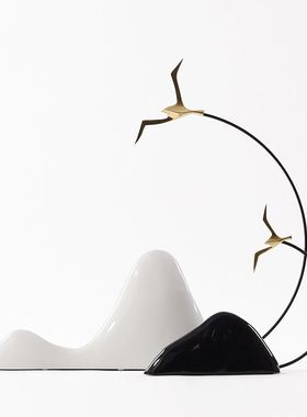 新中式陶瓷假山摆件酒店客厅售楼处玄关大雁假山禅意软装饰品摆件