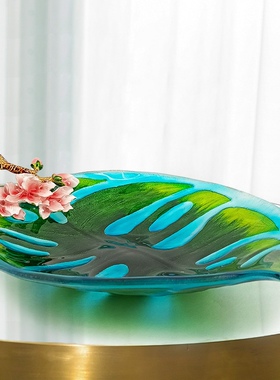 轻奢玻璃水果盘珐琅彩果盘龟背叶水晶玻璃盘客厅茶几高级托盘摆件