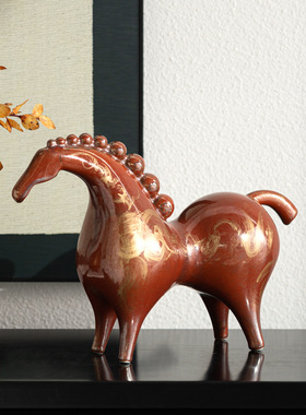 新中式鎏金红色陶瓷马摆件宋式美学客厅酒柜桌面高档软装饰品摆件