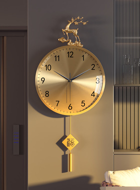 现代黄铜鹿挂钟家用客厅创意表挂墙轻奢玄关高档静音时钟石英时钟