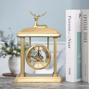 轻奢黄铜座钟时钟钟表招财鹿台钟客厅酒柜办公室床头柜装饰品摆件