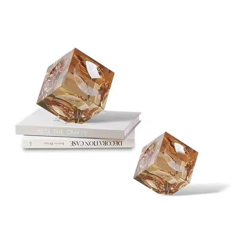 高级感水晶几何实心方块琥珀玻璃摆件现代轻奢客厅设计师软装饰品