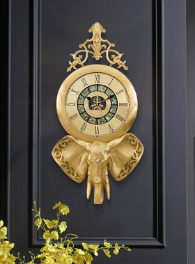 欧式轻奢黄铜大象钟表挂钟客厅家用时钟挂墙现代艺术网红创意挂表