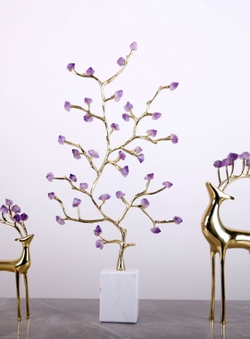 现代天然紫水晶发财鹿摆件客厅玄关紫气东来发财树高级感装饰摆件