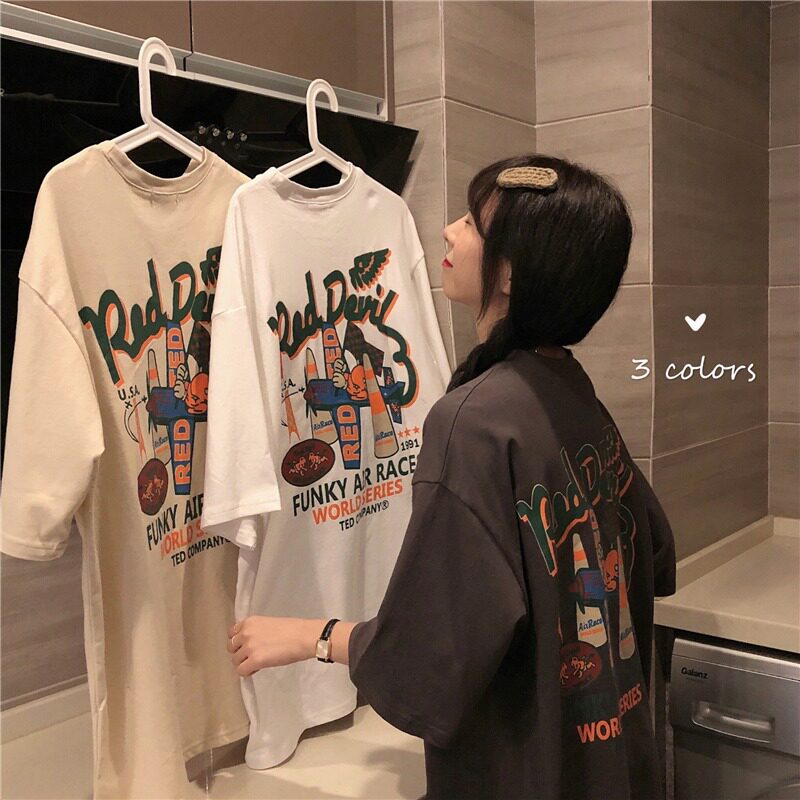 港风短袖t恤女士夏季新款宽松韩版ins潮学生原宿bf慵懒风上衣女装