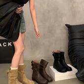 加绒堆堆小短靴马丁靴子 秋冬季 粗跟复古中筒靴骑士靴女鞋 2026新款