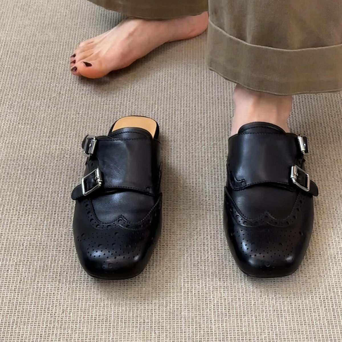 2026夏季新款复古风一脚蹬包头鞋女复古百搭方头布洛克半拖鞋黑色,女鞋,包头拖,淘宝优惠券,粉丝福利购,淘宝优惠卷