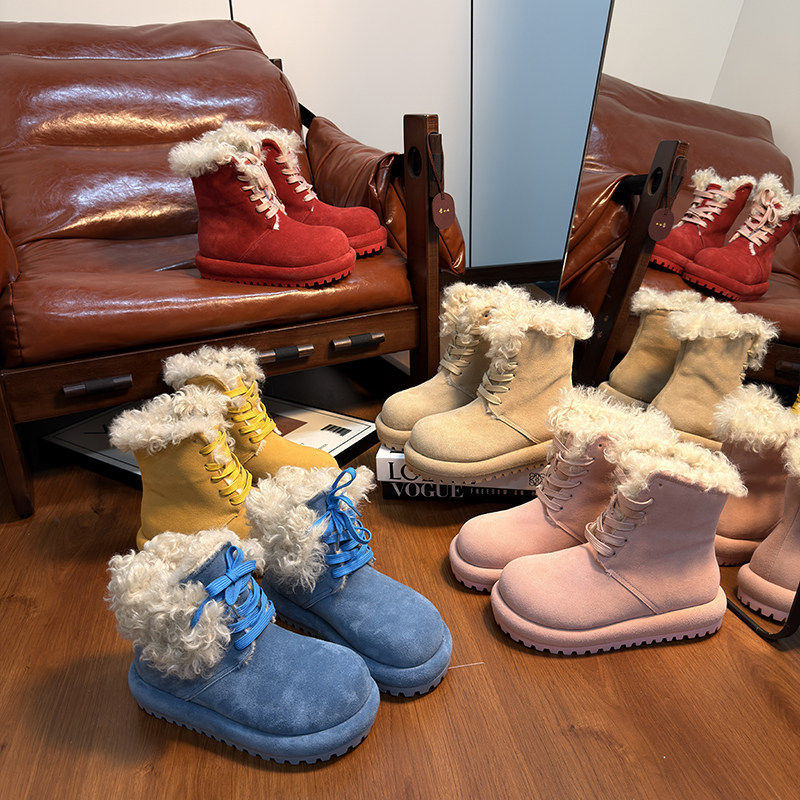 羊毛大头厚底中筒雪地靴女2025冬季新款加绒保暖棉鞋勃肯短靴女款