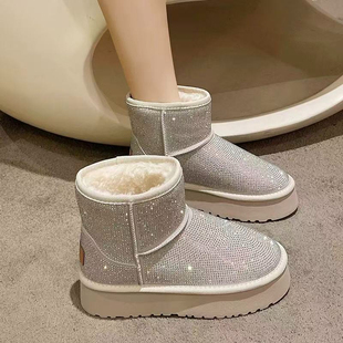 满天星水钻雪地靴女冬季2025新款厚底大棉靴短筒加绒加厚保暖棉鞋