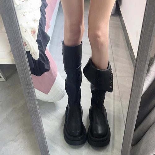 两穿长筒靴女复古黑色厚底显瘦