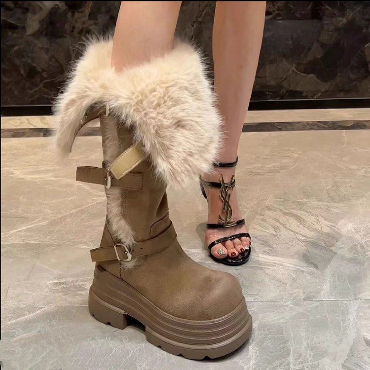 高筒毛毛雪地靴女2025冬季新款复古时尚百搭皮带扣厚绒保暖棉靴子,女鞋,时装靴,淘宝优惠券,粉丝福利购,淘宝优惠卷