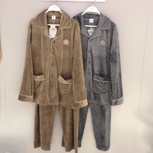 都市丽人新款海岛绒睡衣男FHT1D8超细舒适开衫长袖长裤套装家居服