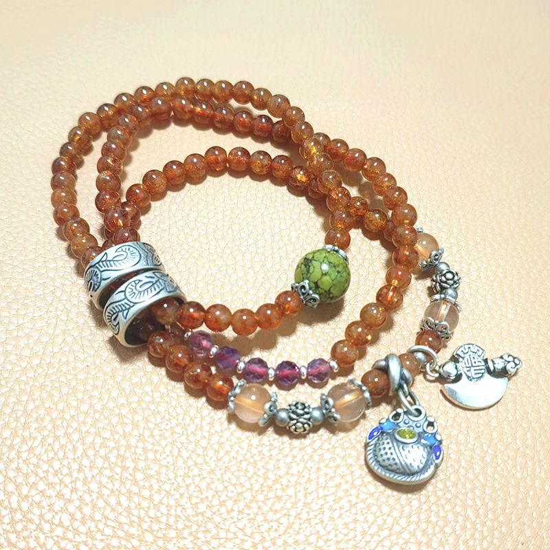 055芬达橙石榴石精工纯银天然松石红兔毛三圈手链