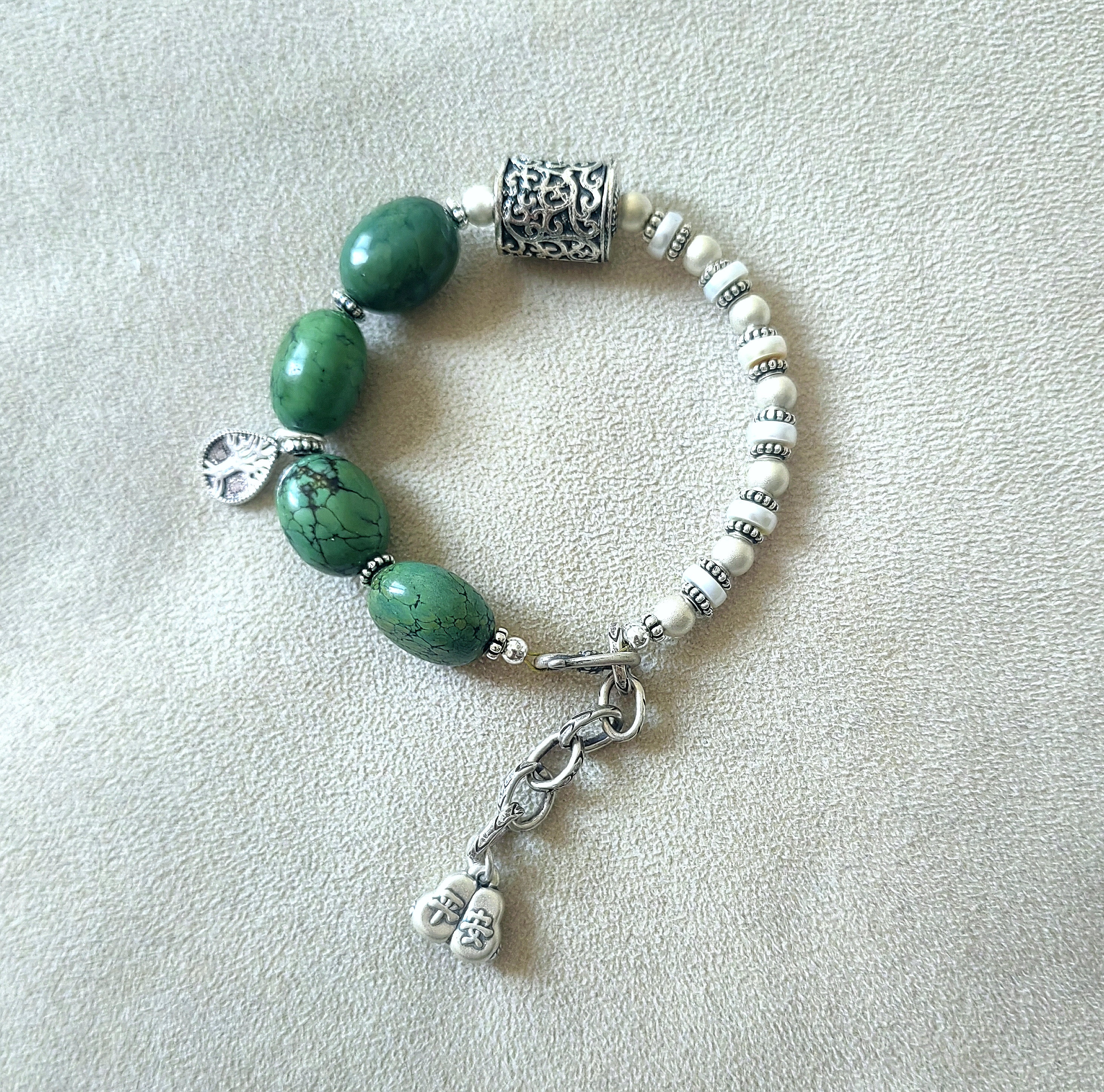 492-天然绿松石珍珠手串搭配纯银配饰