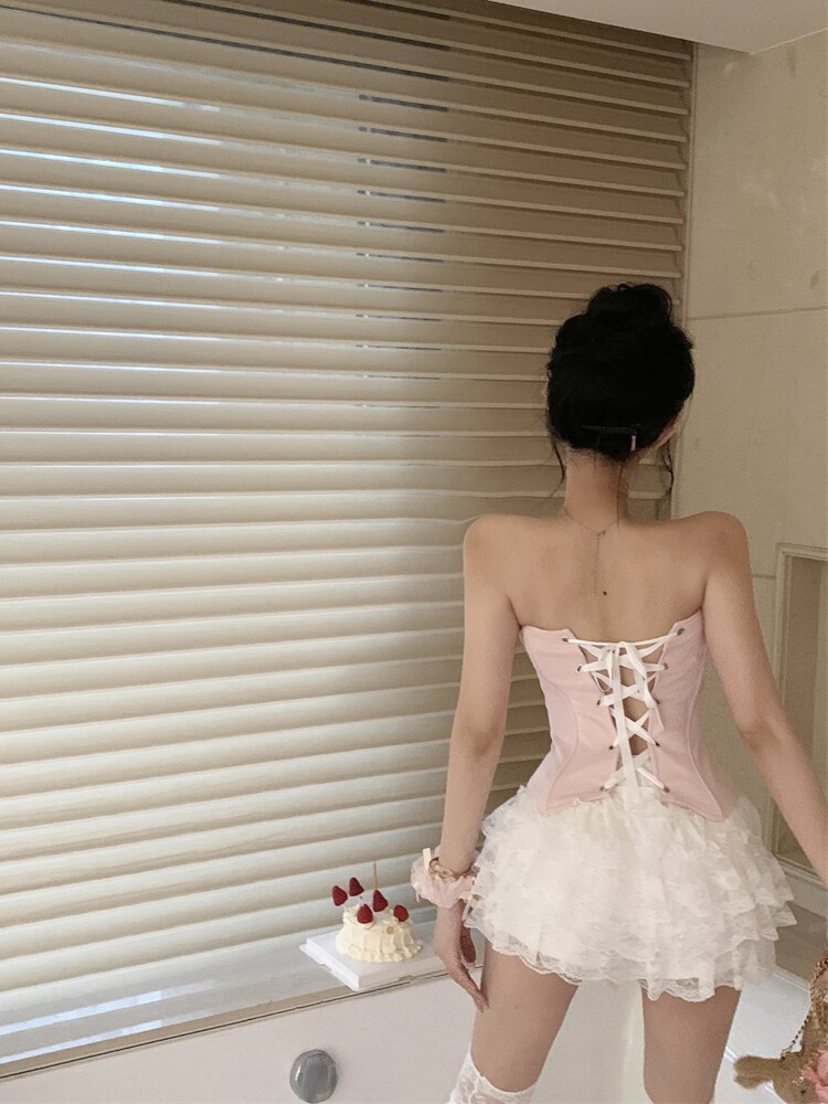 여름 여성 수트 스위트 핑크 튜브탑 청순한 러스틱 스타일 디자인 니치 슬림핏 탑 하이웨이스트 케이크 스커트