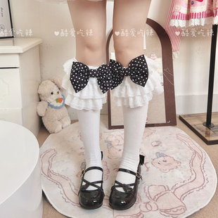 lolita袜蝴蝶结黑色波点小腿袜多层大花边中筒袜女洛丽塔袜堆堆袜