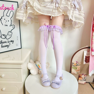 lolita芭蕾风袜子女纯蝴蝶结中筒袜洛丽塔天鹅绒堆堆袜甜妹小腿袜