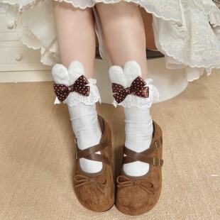 波点小兔花边袜女lolita短袜洛丽塔小腿袜子甜美兔耳蝴蝶结棉袜