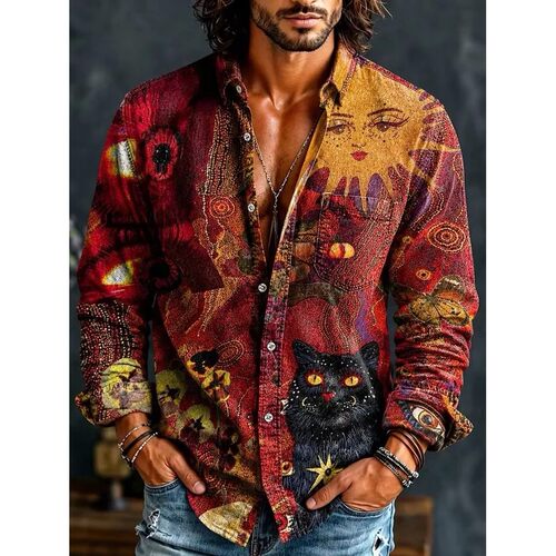 纽扣翻领印花长袖T恤 Flip collar printed long sleeved T-shirt