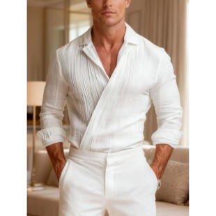 纯色V领翻领男士休闲衬衫 Solid color V-neck lapel men's shirt