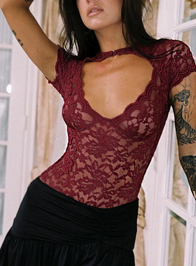 Lace hollow low cut short sleeved jumpsuit蕾丝镂空短袖连体衣