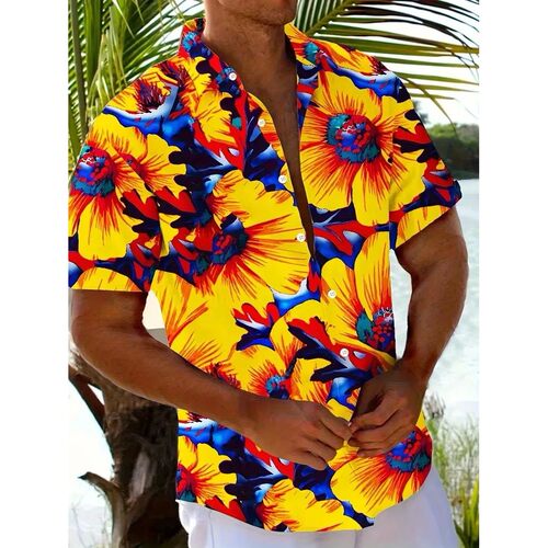 翻领印花系扣短袖衬衫 Collar print buckle short sleeved shirt