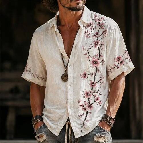 翻领纽扣印花短袖T恤Flip collar printed short sleeved T-shirt