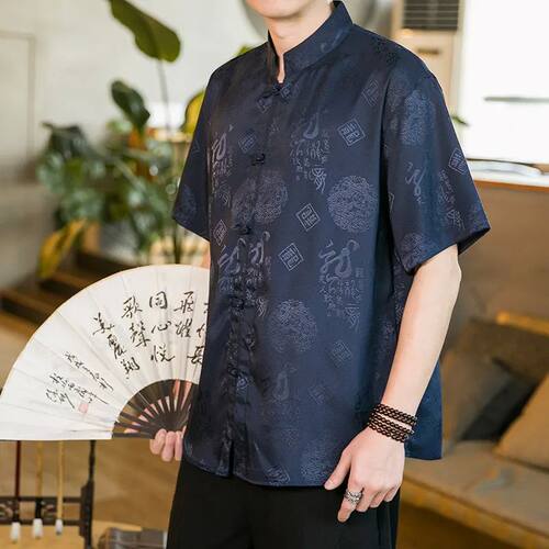 立领盘扣短袖免烫男士衬衫