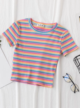 Colored open navel striped short sleeves圆领拼色露脐条纹短袖
