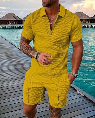 Men's lapel T-shirt polo shirt printed suit男翻领T恤印花套装