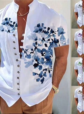 Printed stand up collar button T-shirt印花立领纽扣开襟短袖男