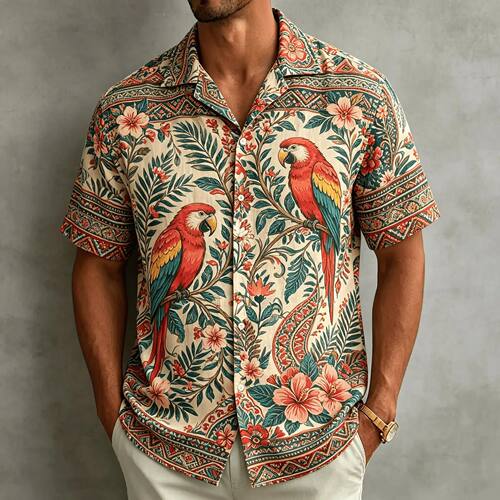 翻领印花短袖休闲衬衫Flip collar printed short sleeved shirt