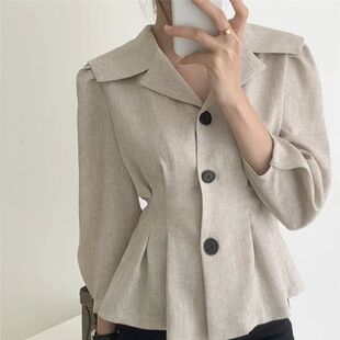 Solid color lapel waistband long sleeved shirt翻领收腰衬衣女