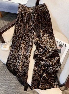 Leopard striped lace up wide leg pants豹纹印花系带高腰阔腿裤